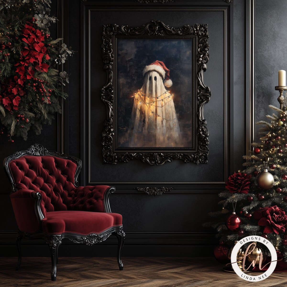 a dark, gothic-style room with a red velvet chair, a Christmas tree, and a framed painting of a ghost wearing a Santa hat.