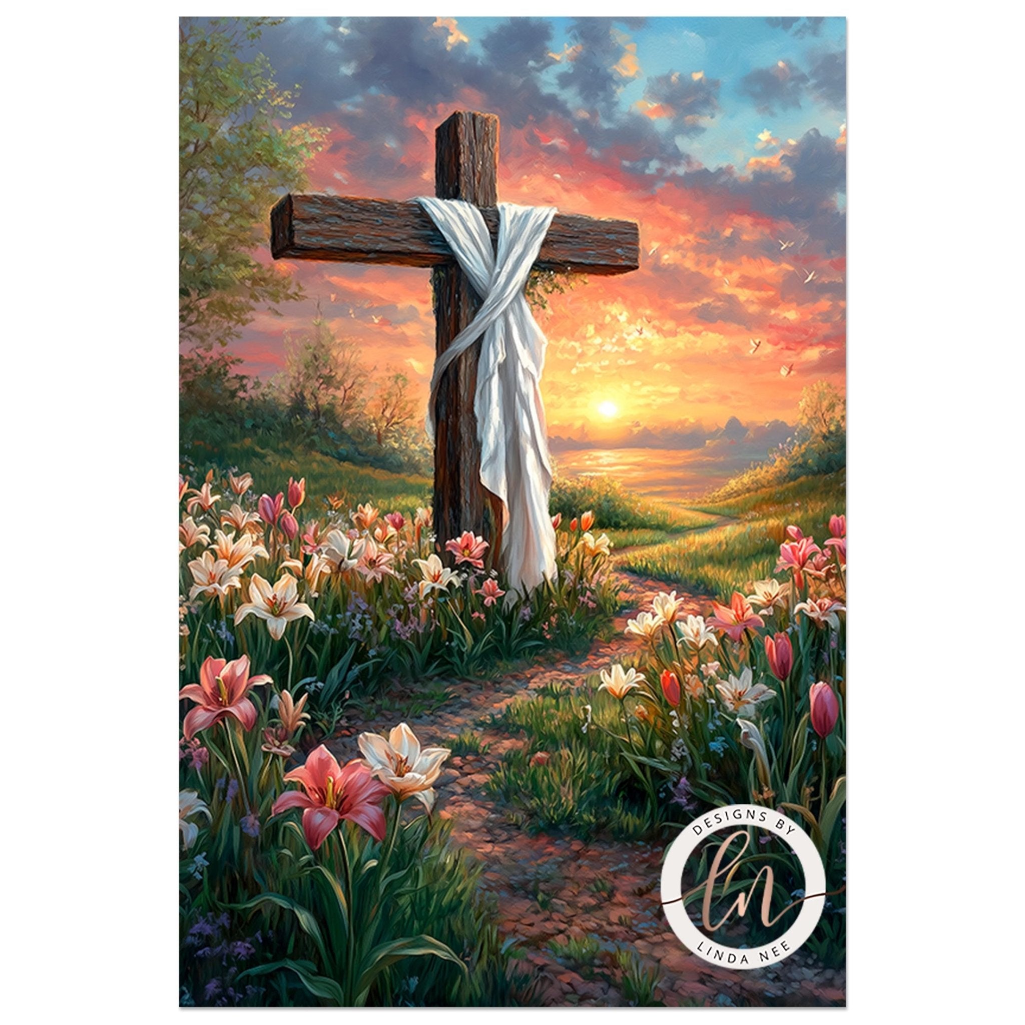 A large wooden cross stands in a field of colorful flowers, with a sunset in the background.