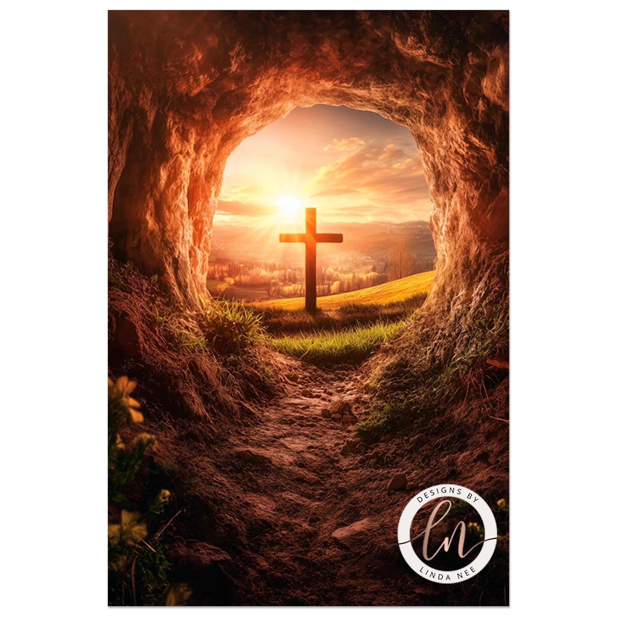 a cross emerging from a cave, with a breathtaking sunset in the background.
