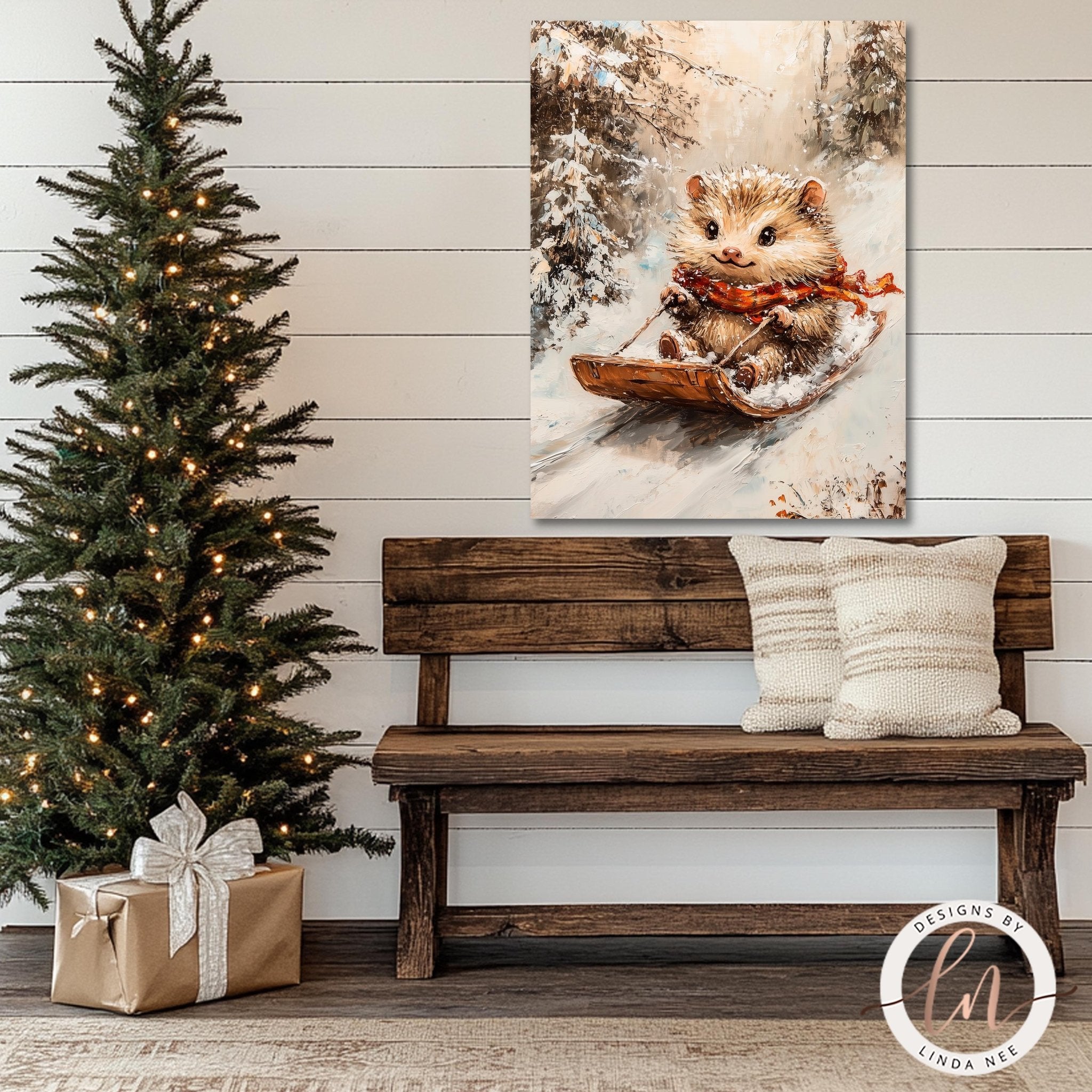 a cozy Christmas scene with a wooden bench, a decorated Christmas tree, and a painting of a hedgehog riding a sled.