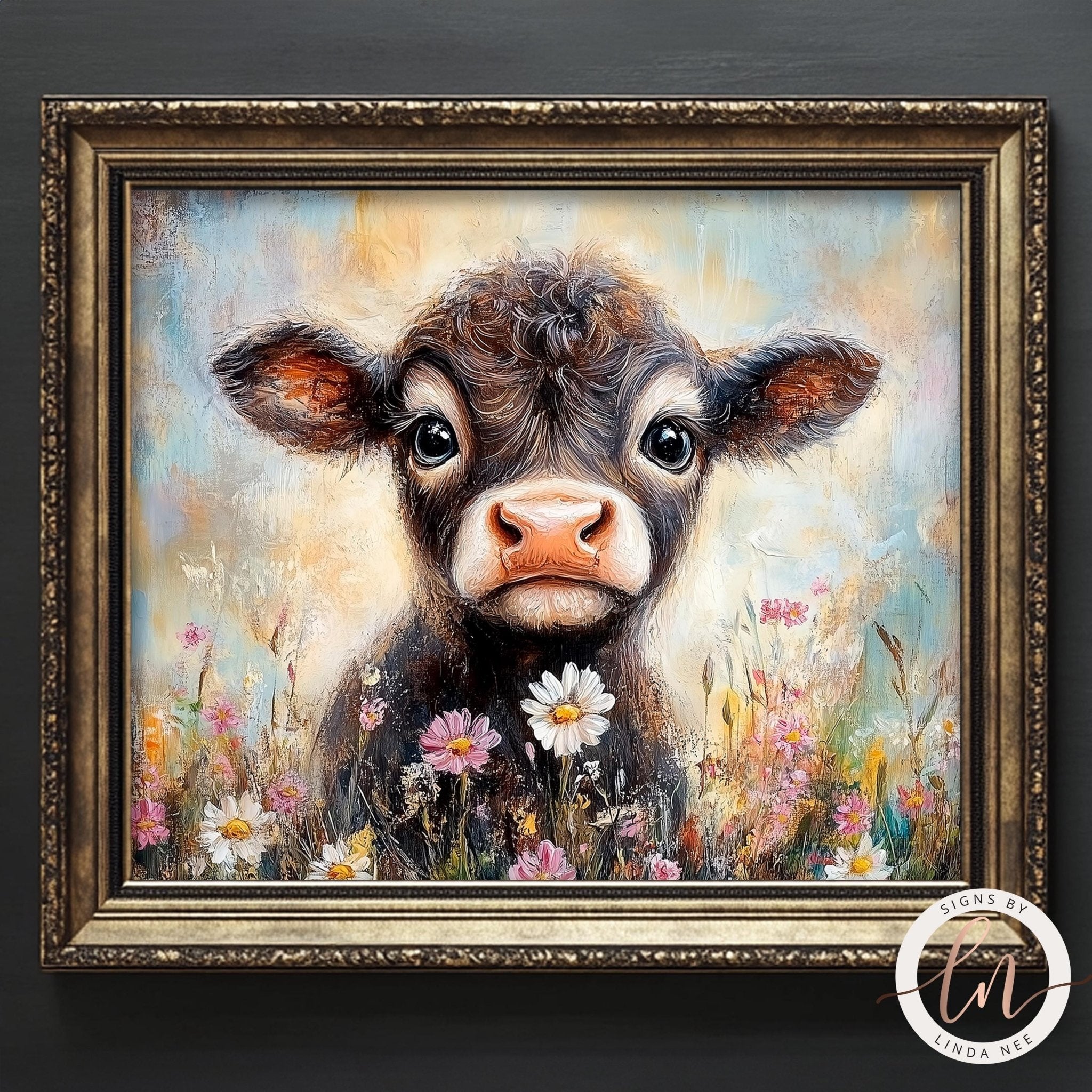 A framed painting depicting a close-up of a cow surrounded by a field of flowers.