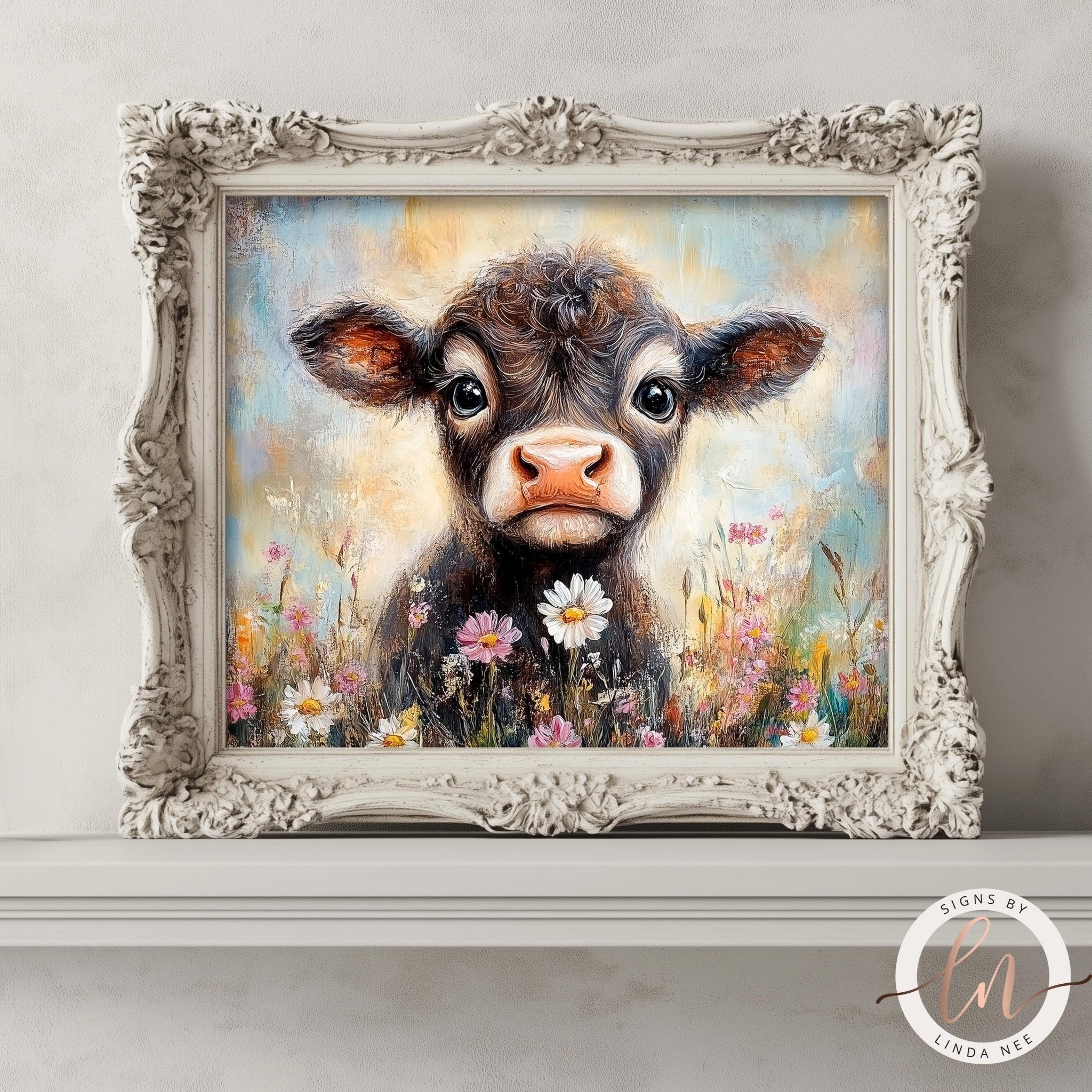 a painting of a cow surrounded by a field of flowers.