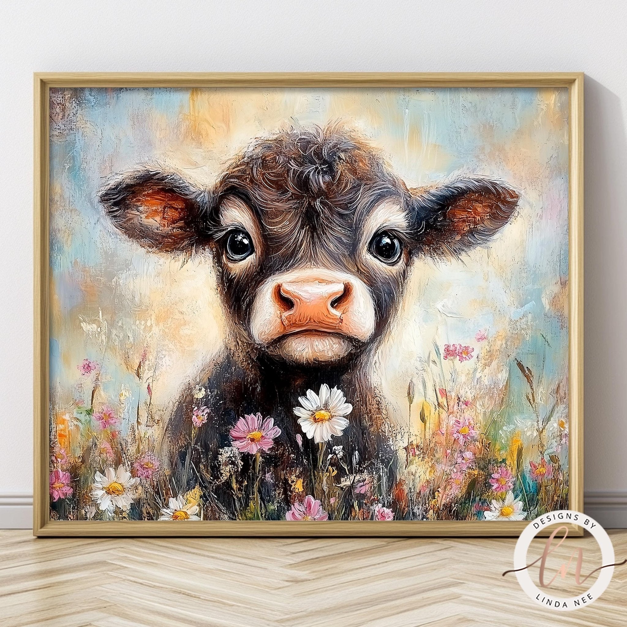 The image is a framed painting depicting a close-up of a cow surrounded by a field of flowers.