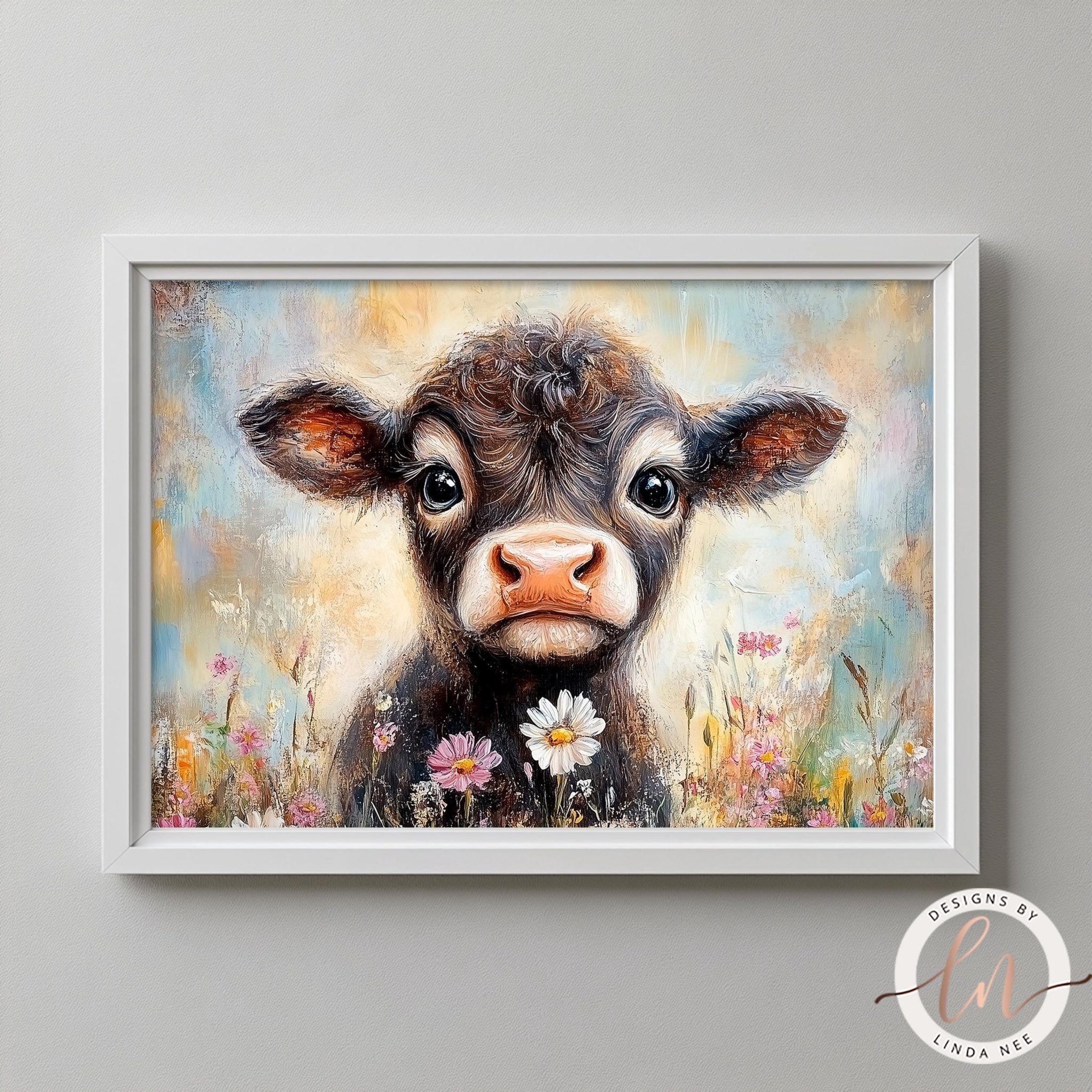 A framed painting depicting a close-up of a cow's face surrounded by a field of flowers.