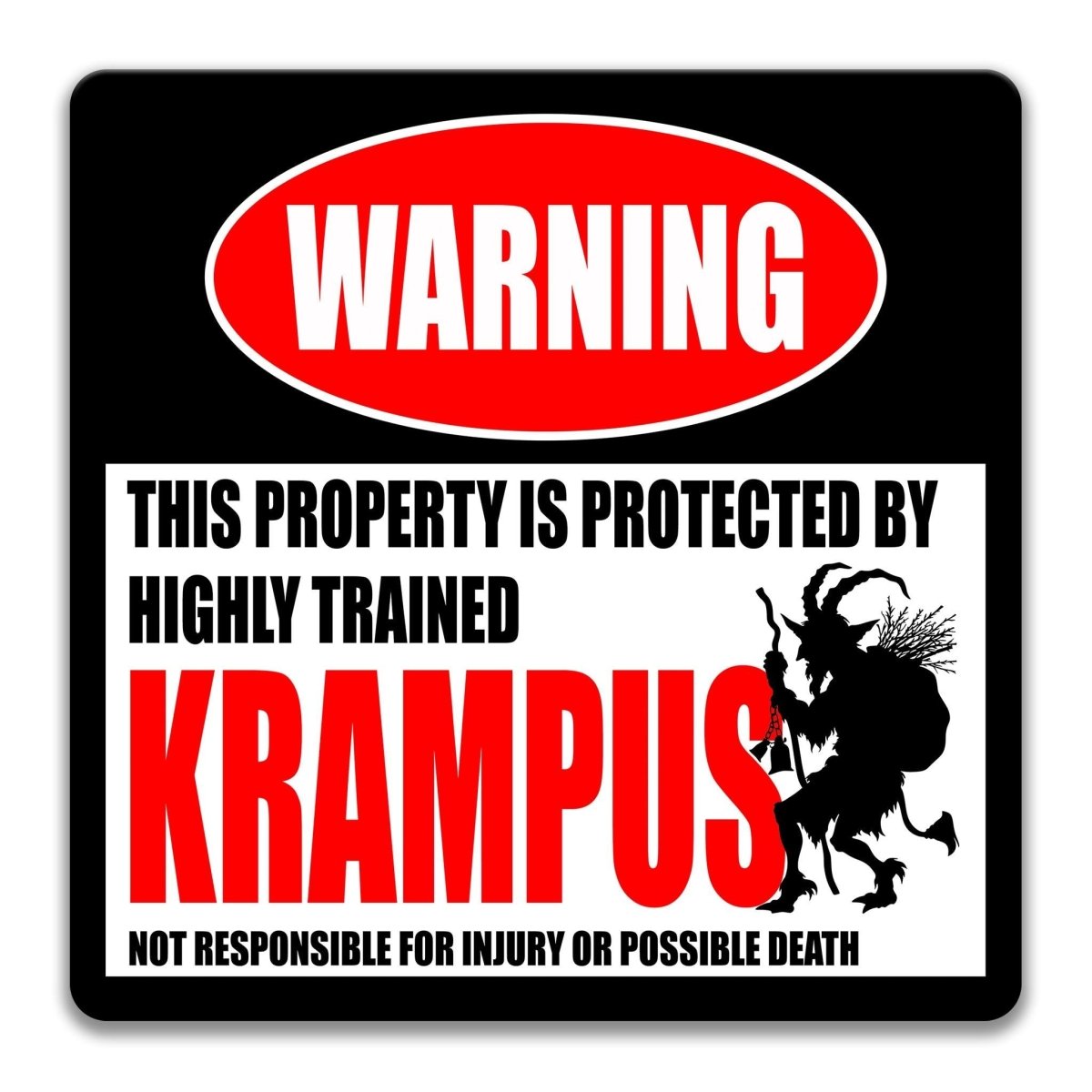 Warning sign with Krampus design on a black background