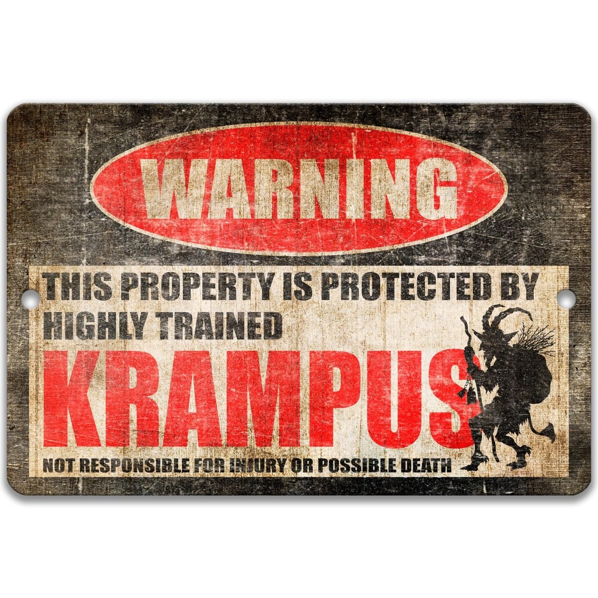Vintage-style metal sign with a warning about protected Krampus, featuring a black silhouette of Krampus.