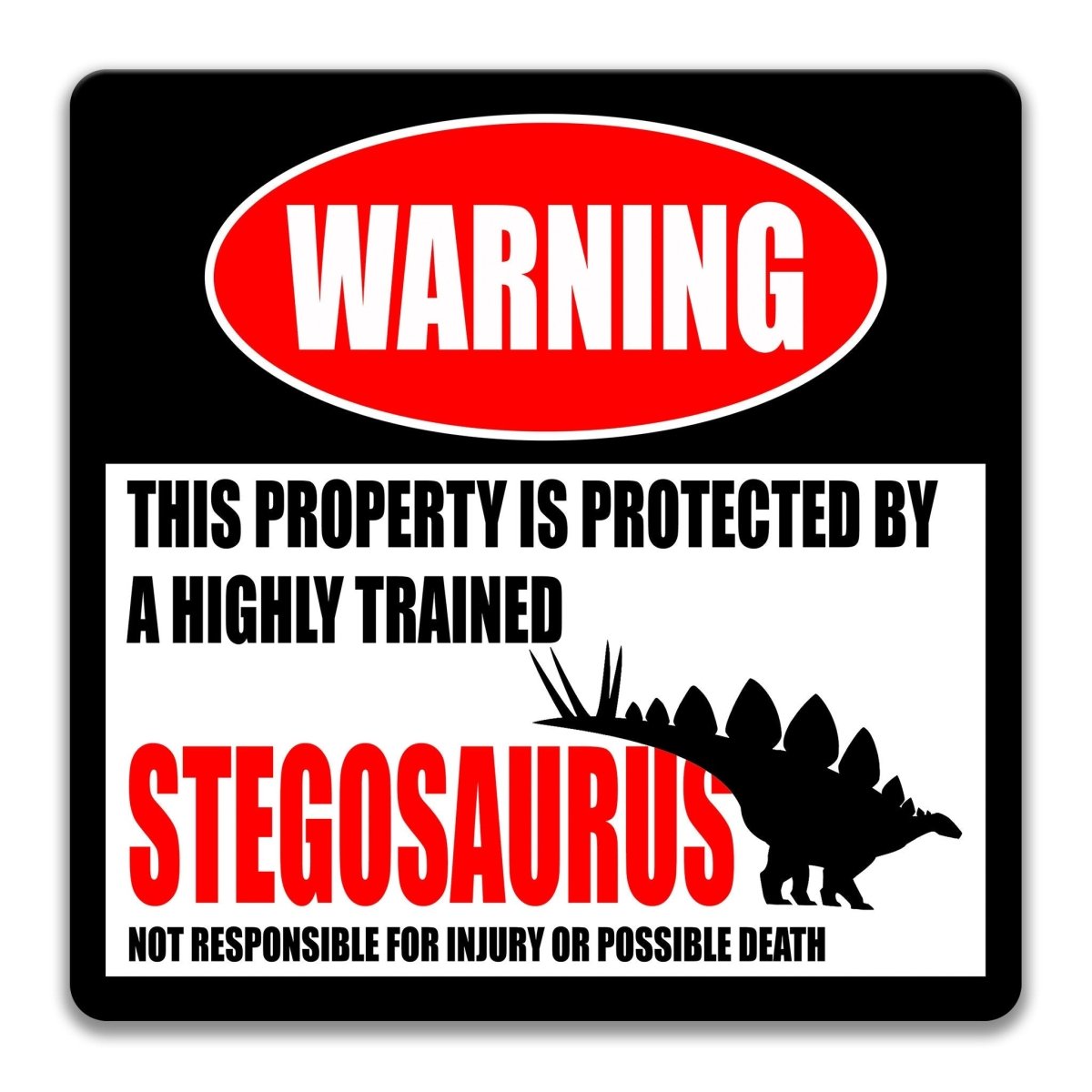 Warning sign with Stegosaurus graphic on a black background