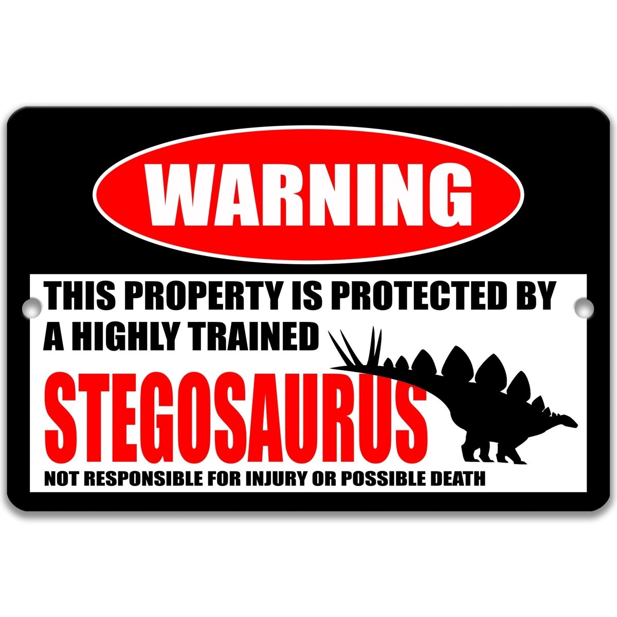 Warning sign with a stegosaurus design on a white background