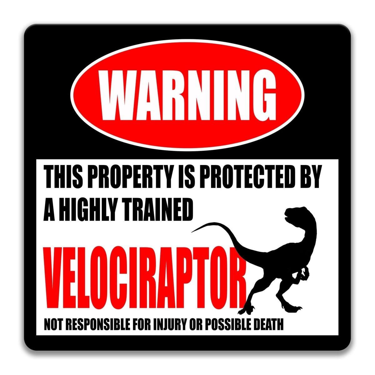 Warning sign with a velociraptor graphic on a black background