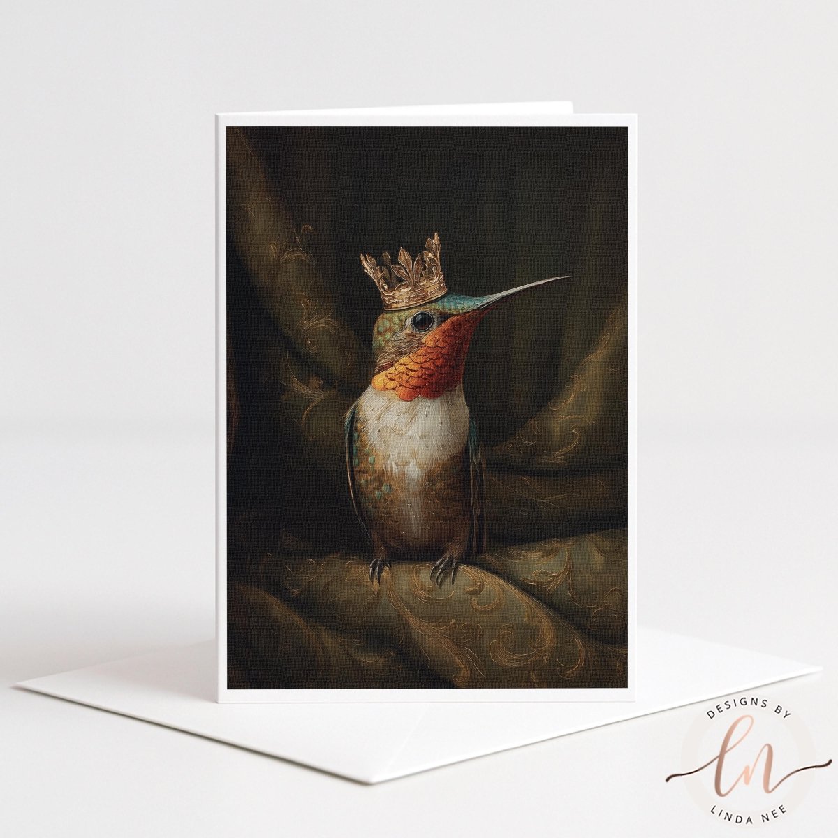 A colorful hummingbird wearing a golden crown perches on a branch, surrounded by a dark, ornate background.