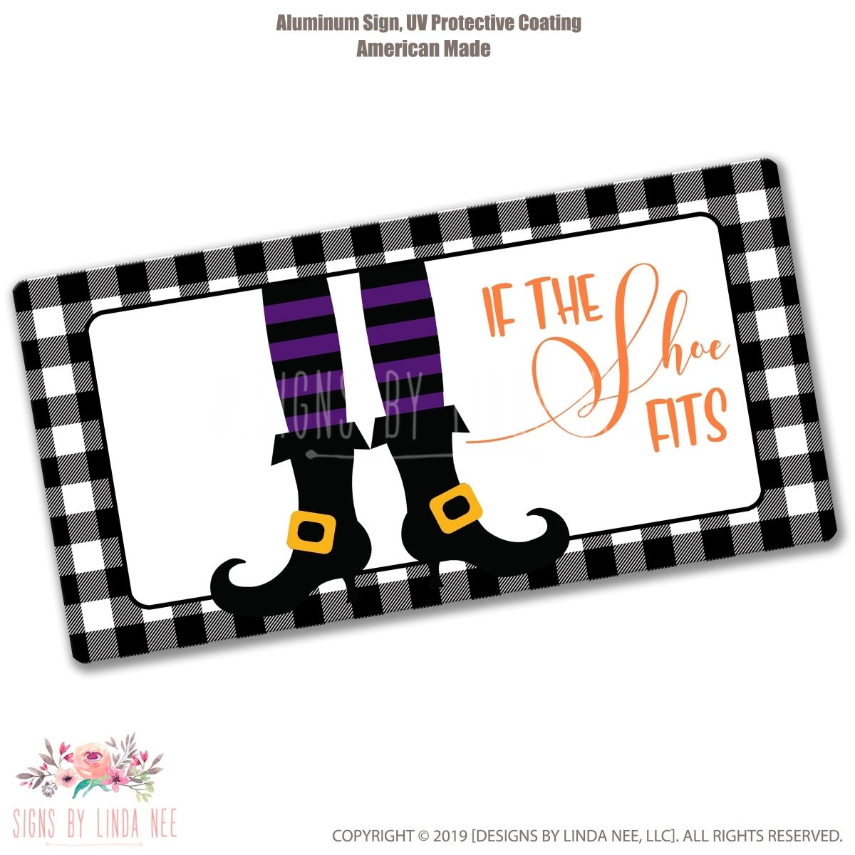 Halloween-themed decorative sign with witch shoes and text on a checkered border.