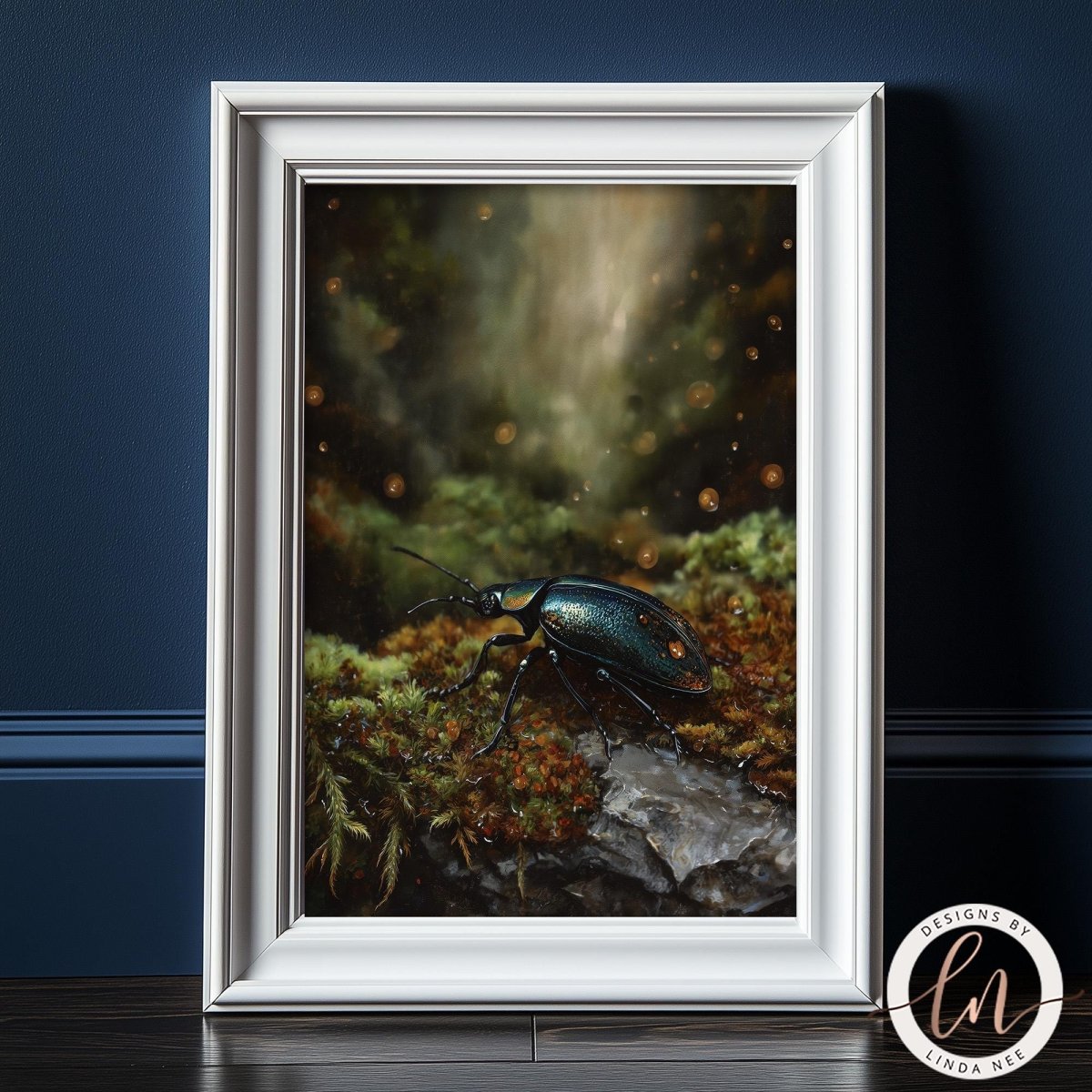 A framed painting depicting a large beetle on a mossy rock, surrounded by a lush, green forest environment.