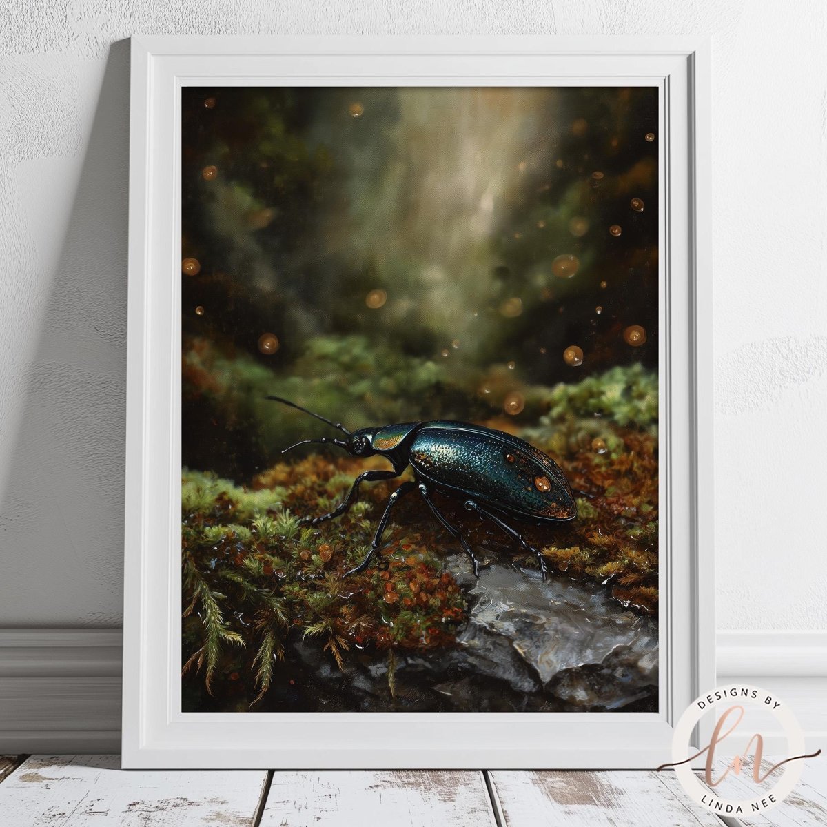 A framed painting depicting a large, colorful beetle resting on a mossy rock in a lush, green forest environment.