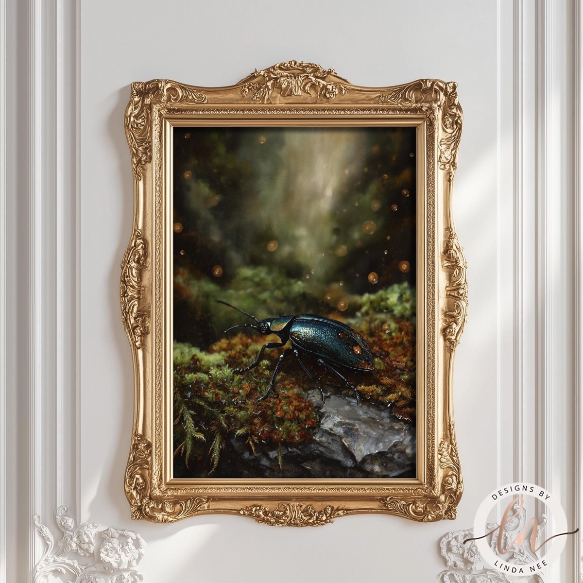 a framed painting of a beetle on moss, with a lush, green forest in the background.