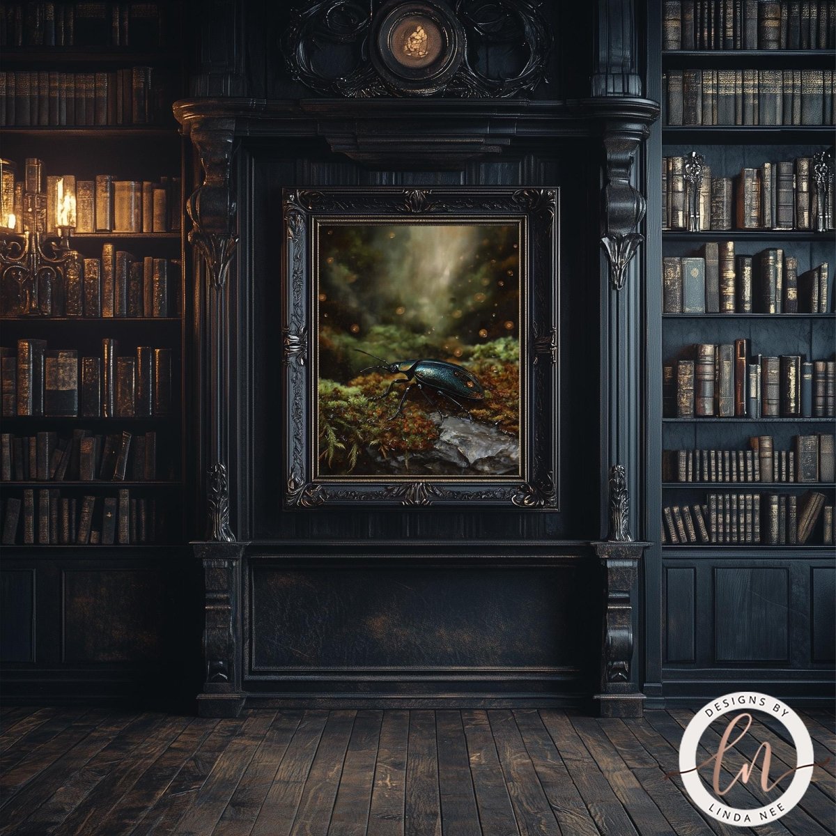 a dark, ornate room with a large bookshelf filled with books, a painting of a forest scene, and a chandelier hanging from the ceiling.