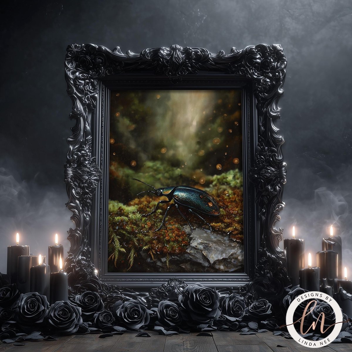 a dark, ornate frame with a painting of a beetle on moss inside it, surrounded by candles and roses.