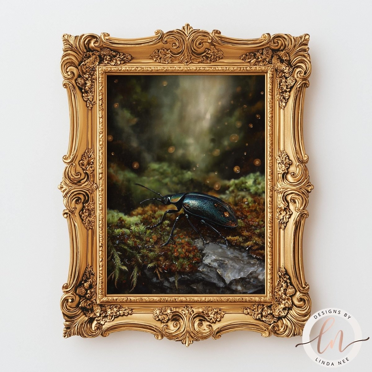 a large, ornate gold frame surrounding a painting of a beetle on moss.