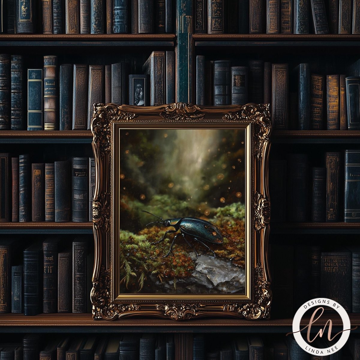 a large, ornate gold frame containing a painting of a beetle on moss. The painting is set against a dark background with a smattering of books visible in the background.