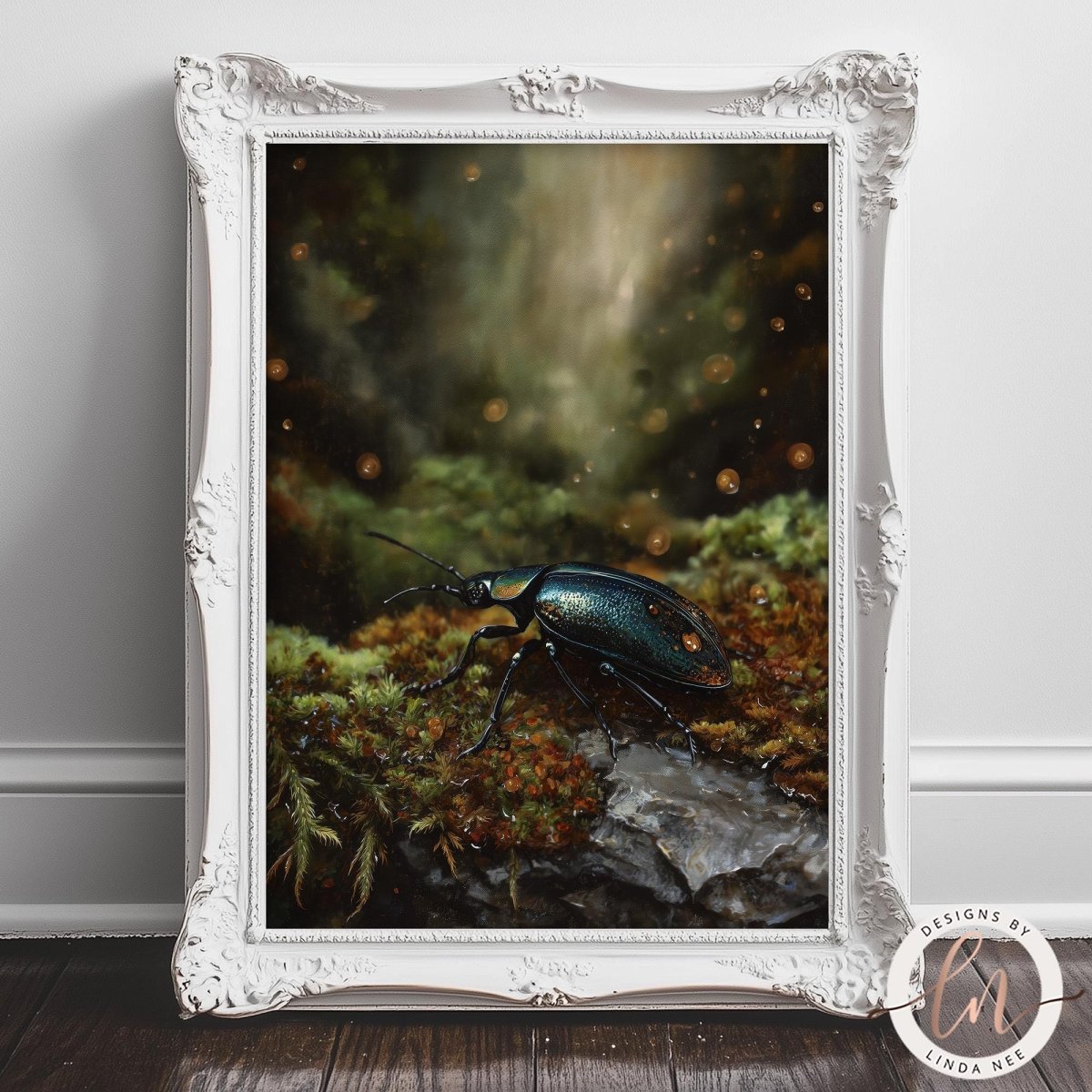 A framed painting depicting a large, colorful beetle resting on moss and rocks.