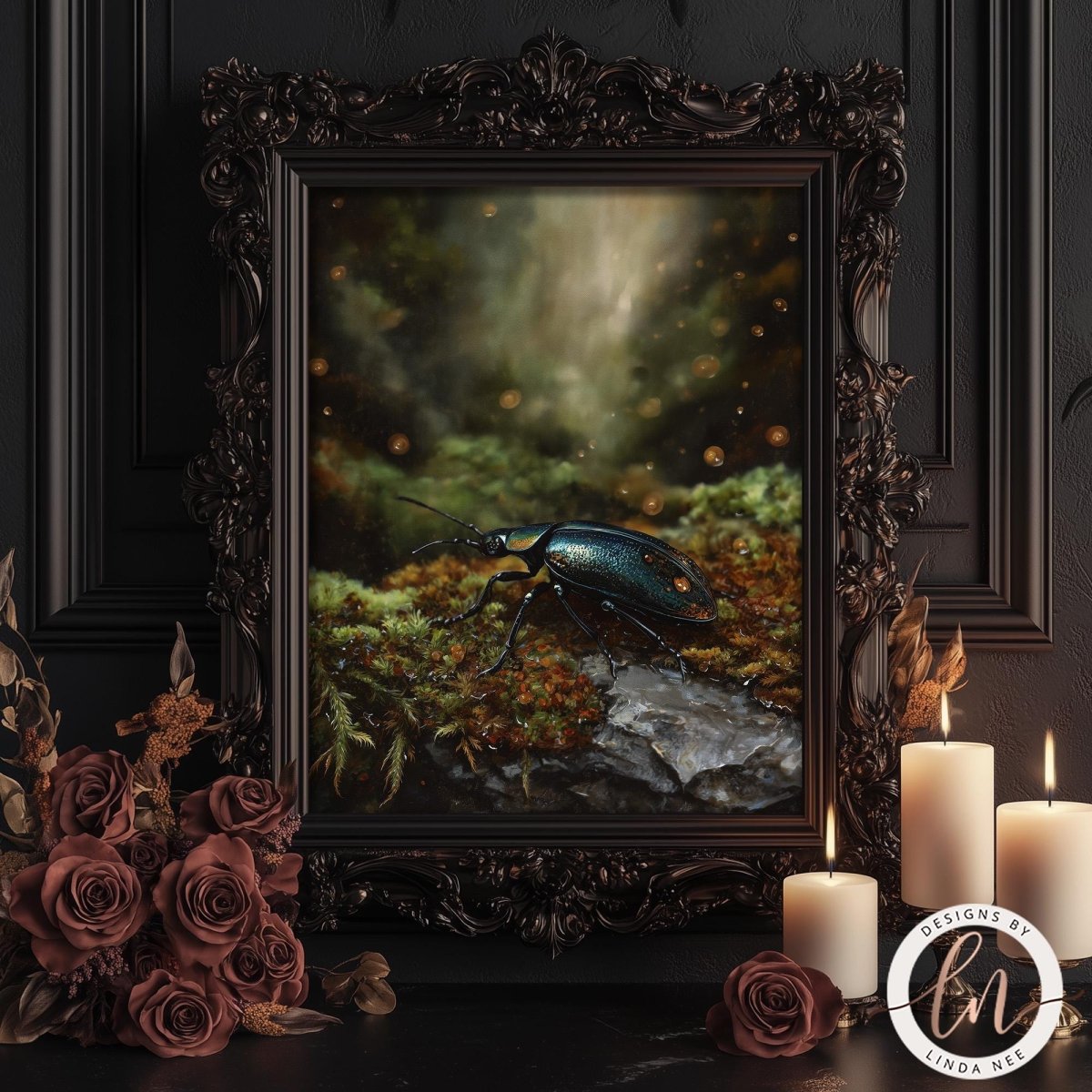 a framed painting of a dark green beetle resting on moss and rocks, surrounded by candles and flowers.