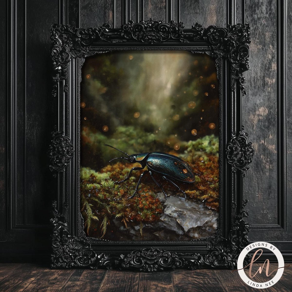 A framed painting depicting a large, colorful beetle resting on a mossy rock in a lush, green forest setting.