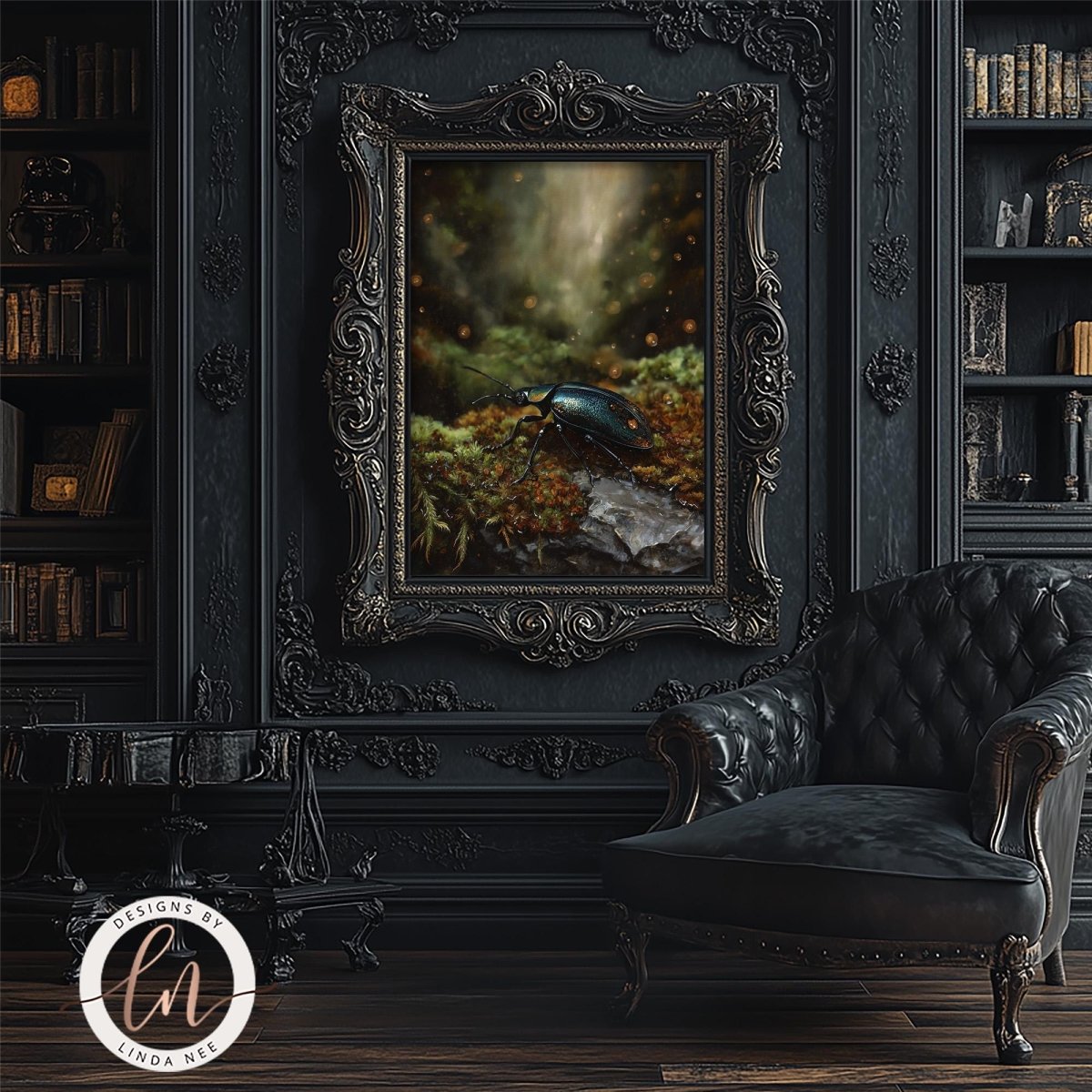 a dark, ornate room with a large, intricately designed frame hanging on the wall. The frame contains a painting of a beetle on a rock, surrounded by a lush, green forest. In the foreground, there is a black leather armchair, and a bookshelf filled with books can be seen in the background.