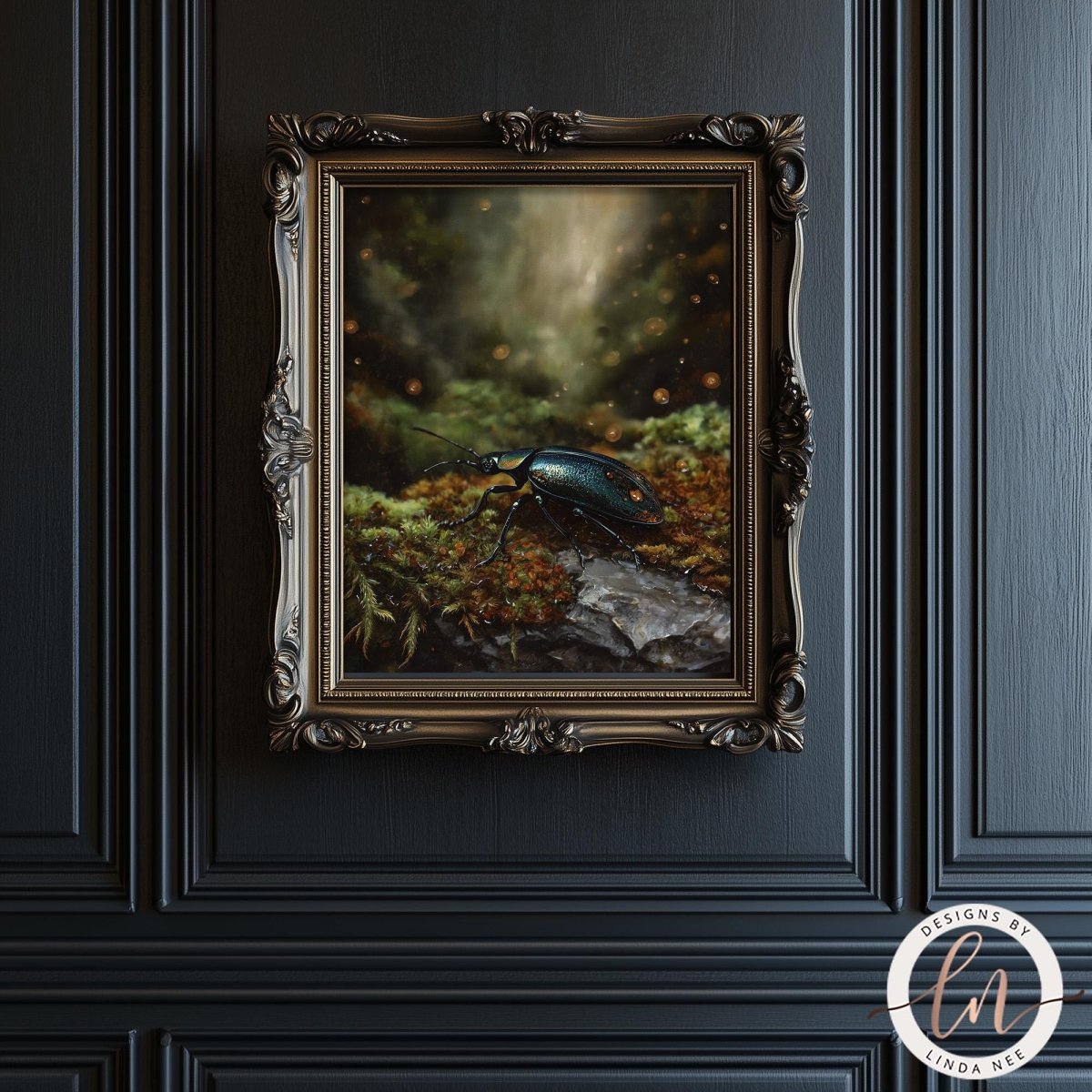 a framed painting of a beetle on moss, hanging on a dark wall.