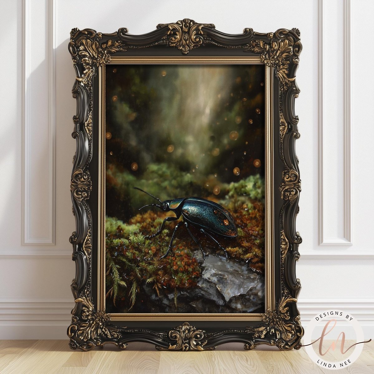 a large, ornate frame with a painting of a green beetle resting on a mossy rock.