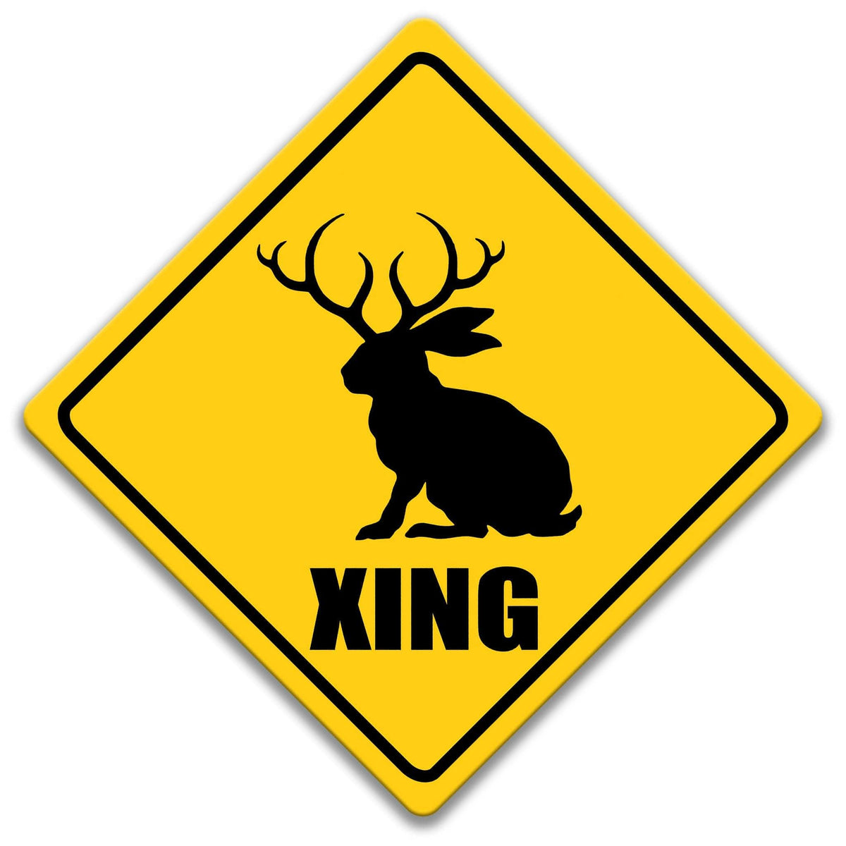 Jackalope crossing caution sign, yellow diamond road sign with black antlered jackalope silhouette and XING lettering