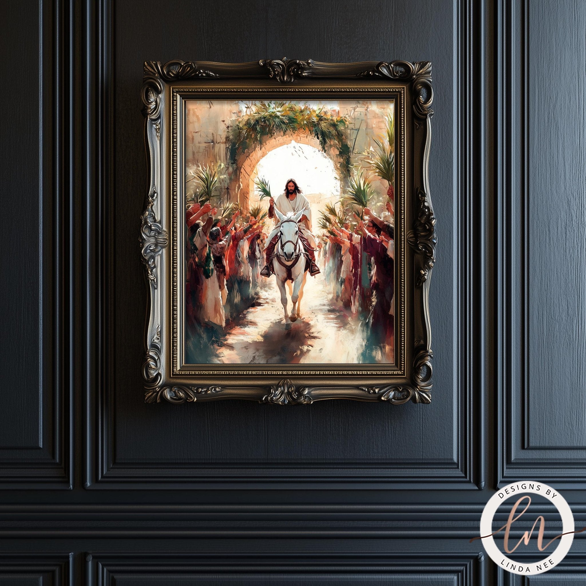 The image is a framed painting depicting a man riding a horse through a crowd of people, with a large archway in the background.