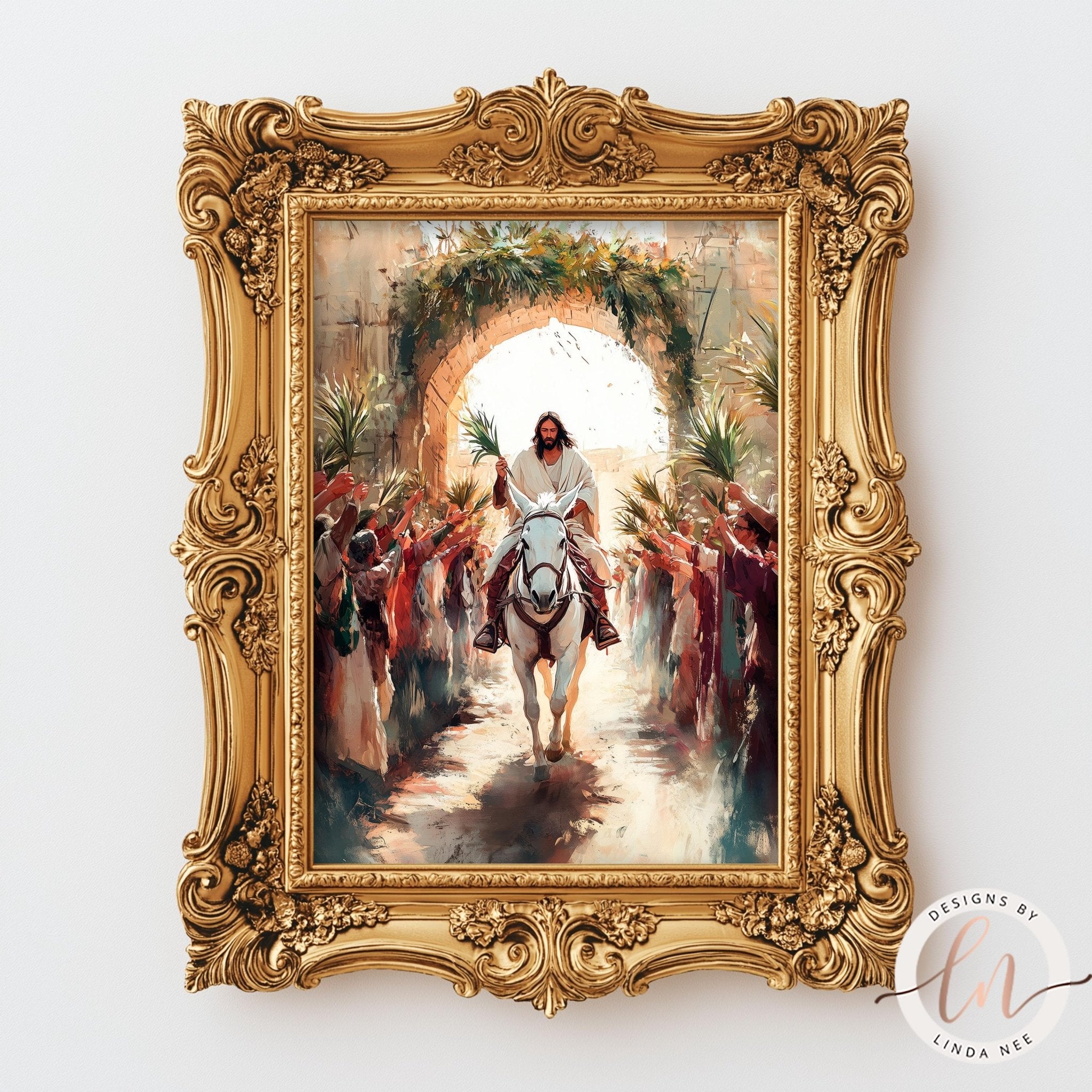 The image is a framed painting depicting a man riding a horse through a crowd of people, with a large archway in the background.