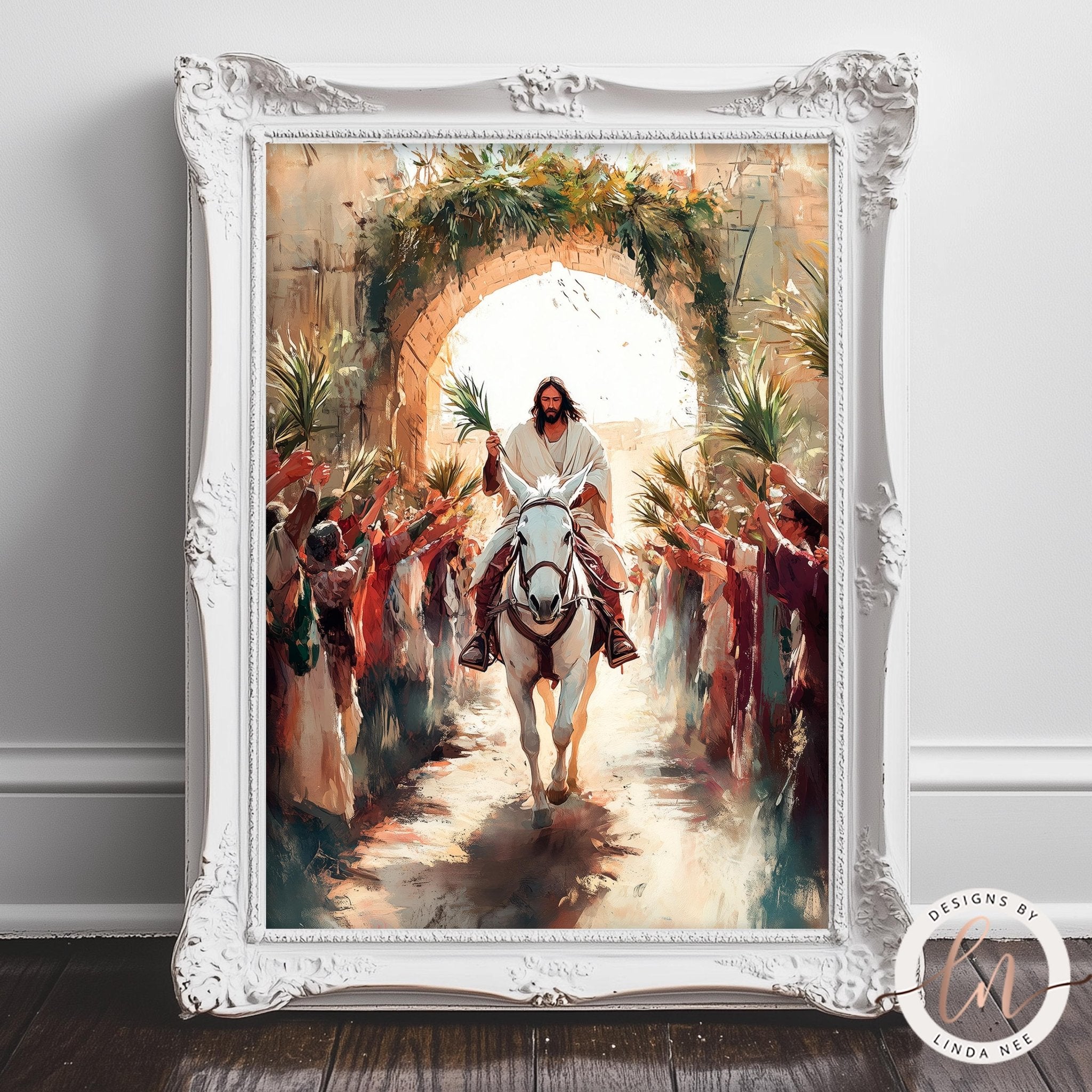 A painting of a man riding a horse through a crowd of people, with a large archway in the background.