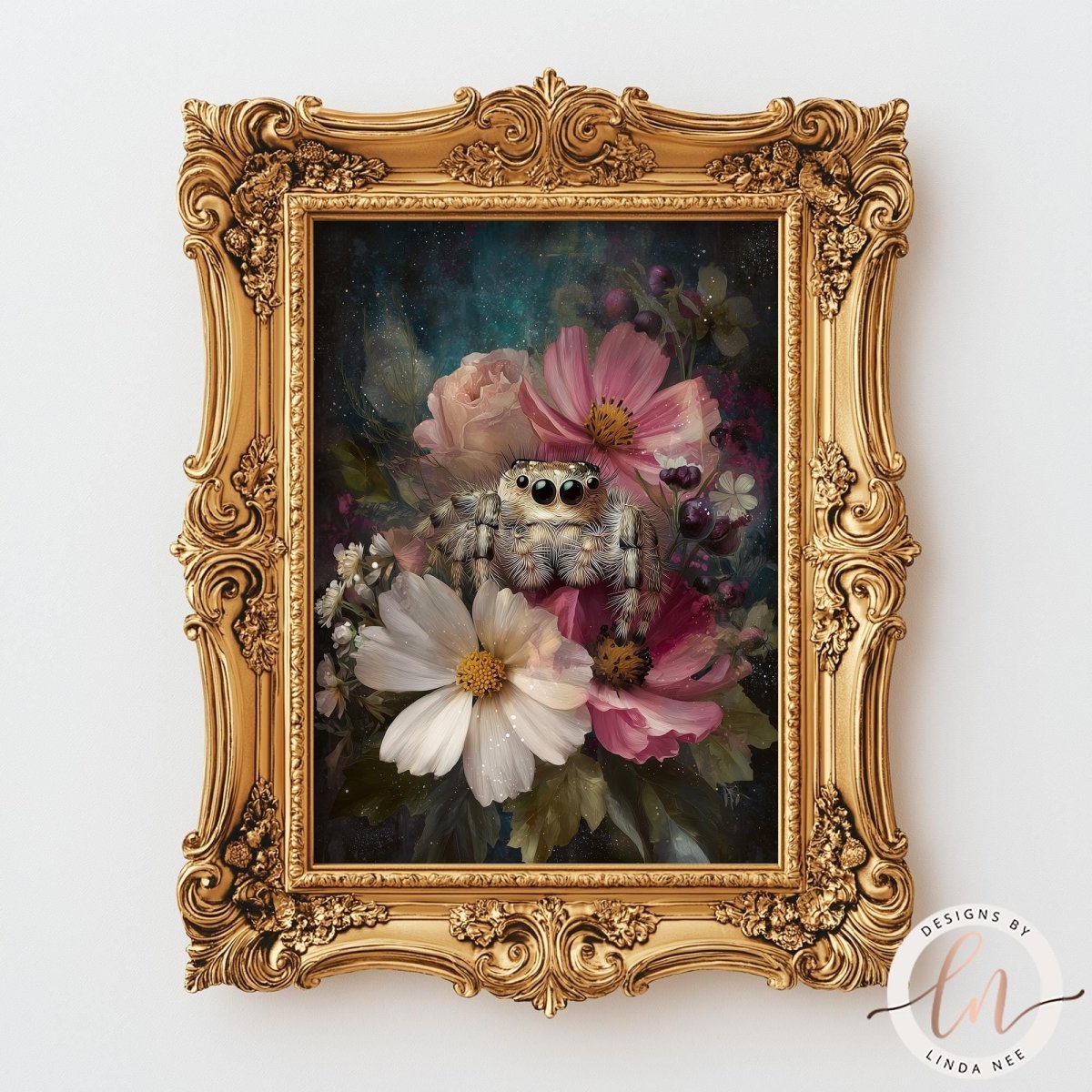 a painting of a spider sitting amidst a floral arrangement, which is encased within an ornate gold frame.