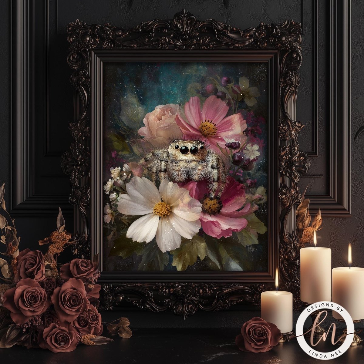 a framed painting of a spider surrounded by a vibrant floral arrangement, with candles and roses in the foreground.