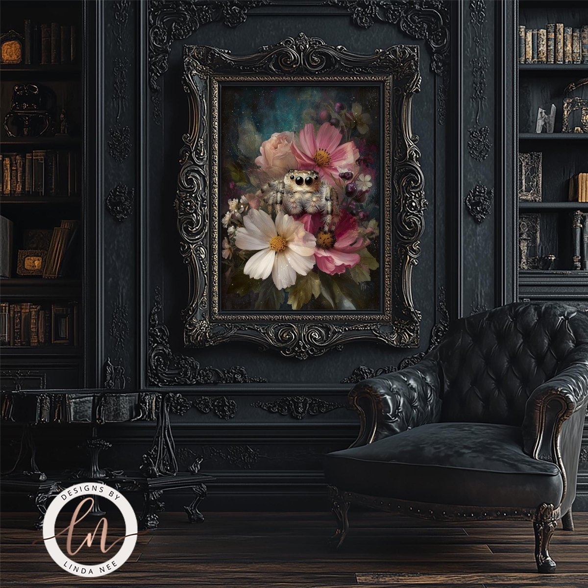 a dark, elegant room with a large, ornate painting of flowers hanging on the wall. The painting is framed in an intricate, decorative frame and is the focal point of the room. In the foreground, there is a black leather armchair, and a bookshelf filled with books can be seen in the background.