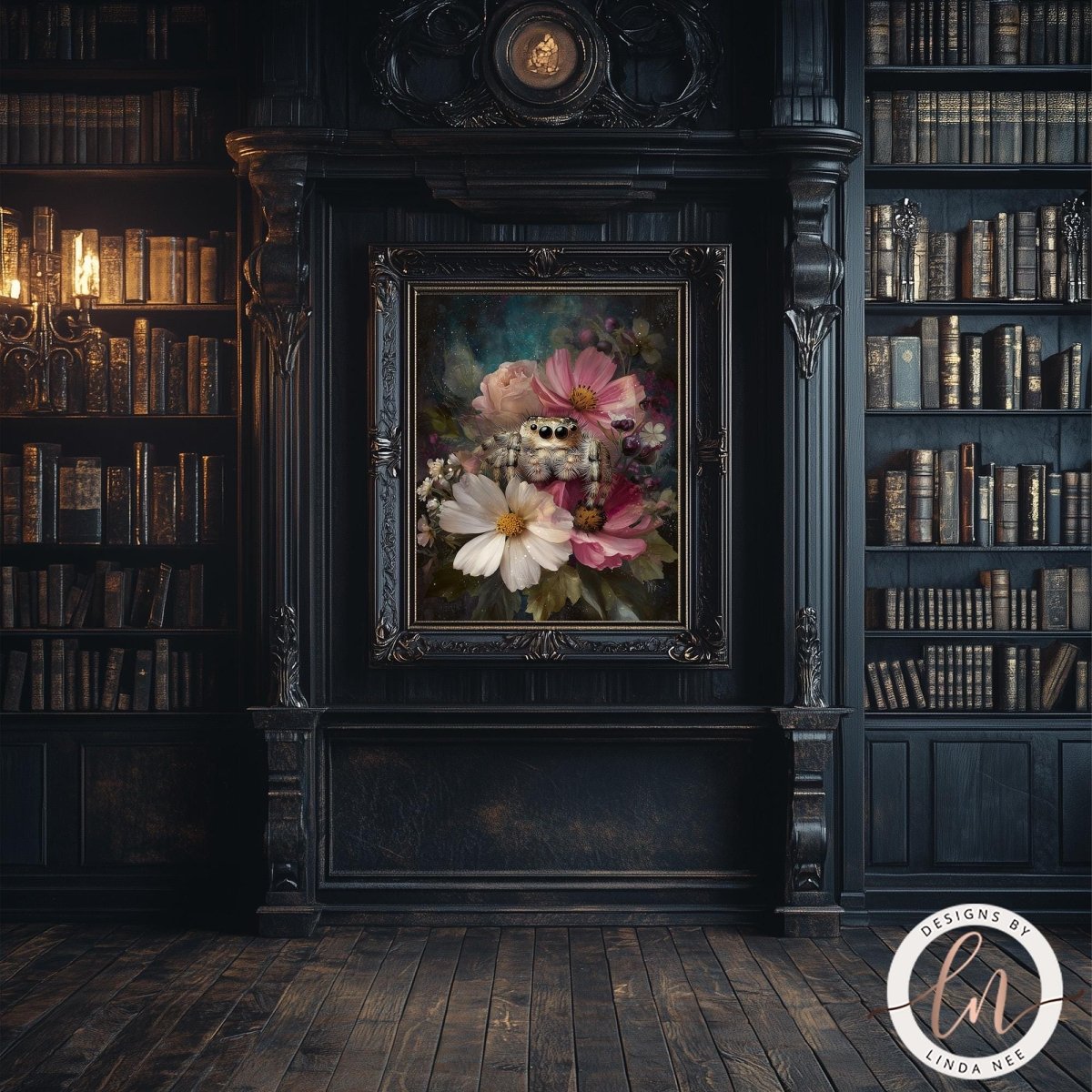 a dark, ornate room with a large bookshelf filled with books on the left side. The focal point of the room is a large, ornately framed painting of flowers hanging on the wall.