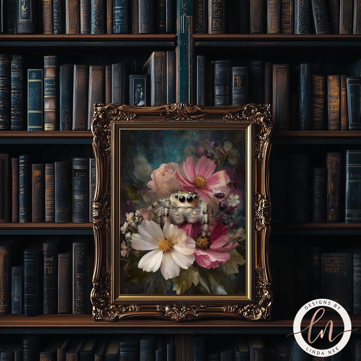 a painting of a spider sitting amidst a bouquet of flowers, displayed in an ornate gold frame. The painting is set against a backdrop of a bookshelf filled with books.