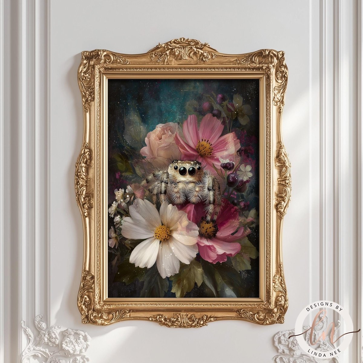 a painting of a spider sitting amidst a bouquet of flowers, including white and pink blooms, against a dark background.