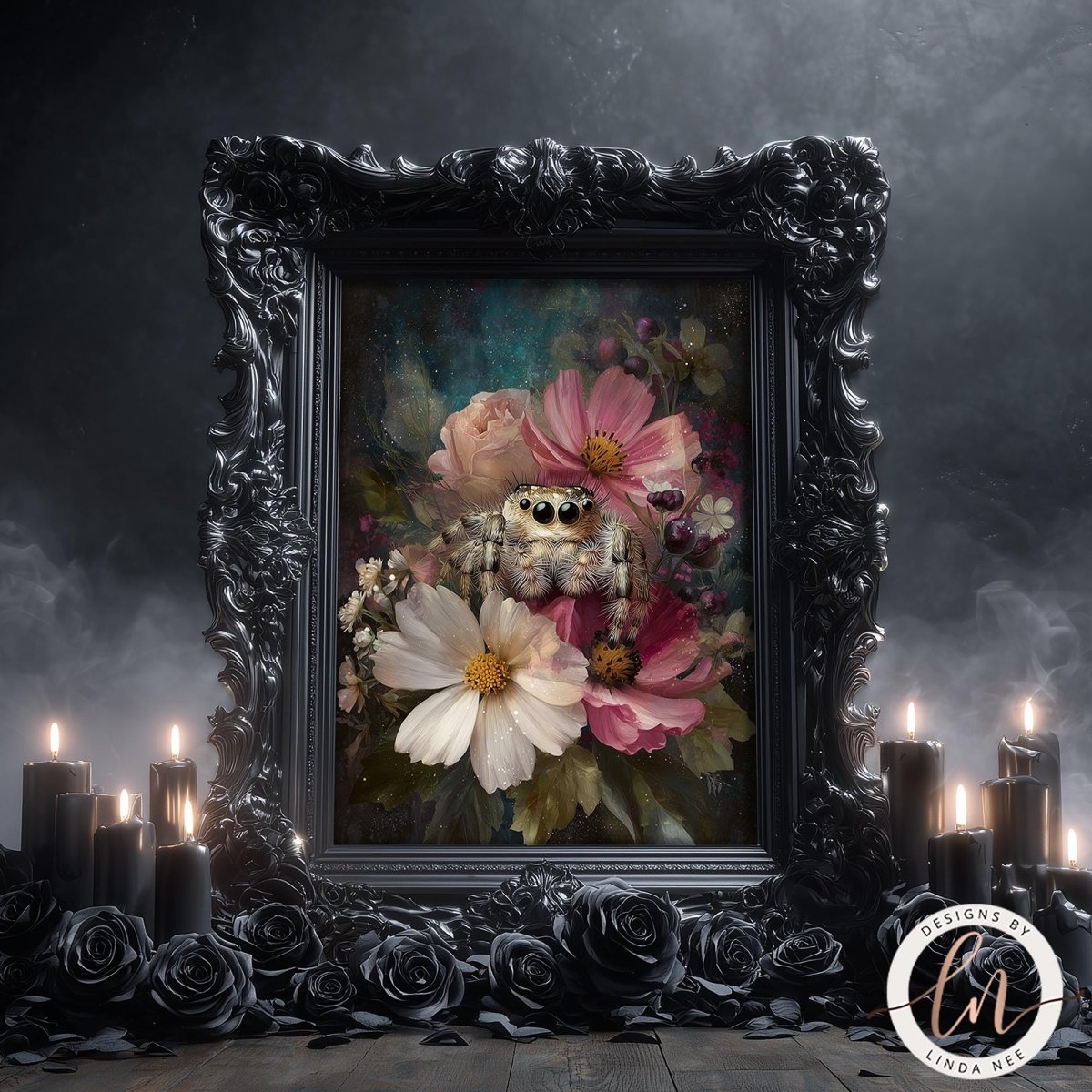 a large, ornate black frame with a painting of a spider surrounded by a bouquet of flowers, set against a dark, moody background with candles and rose petals.