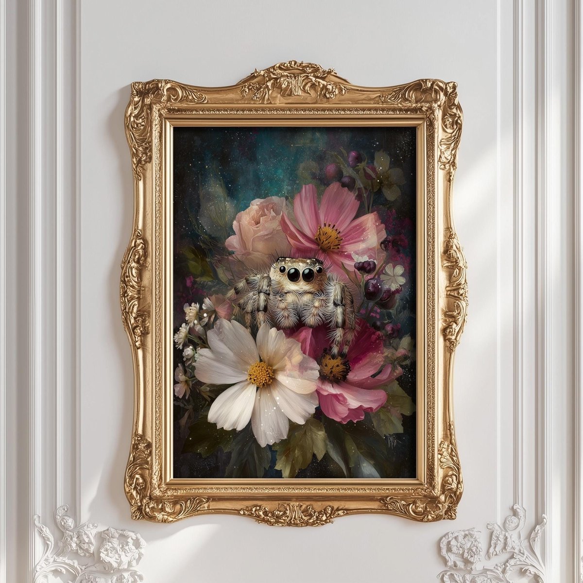 a painting of a spider sitting amidst a bouquet of flowers, including white and pink blooms, against a dark background.