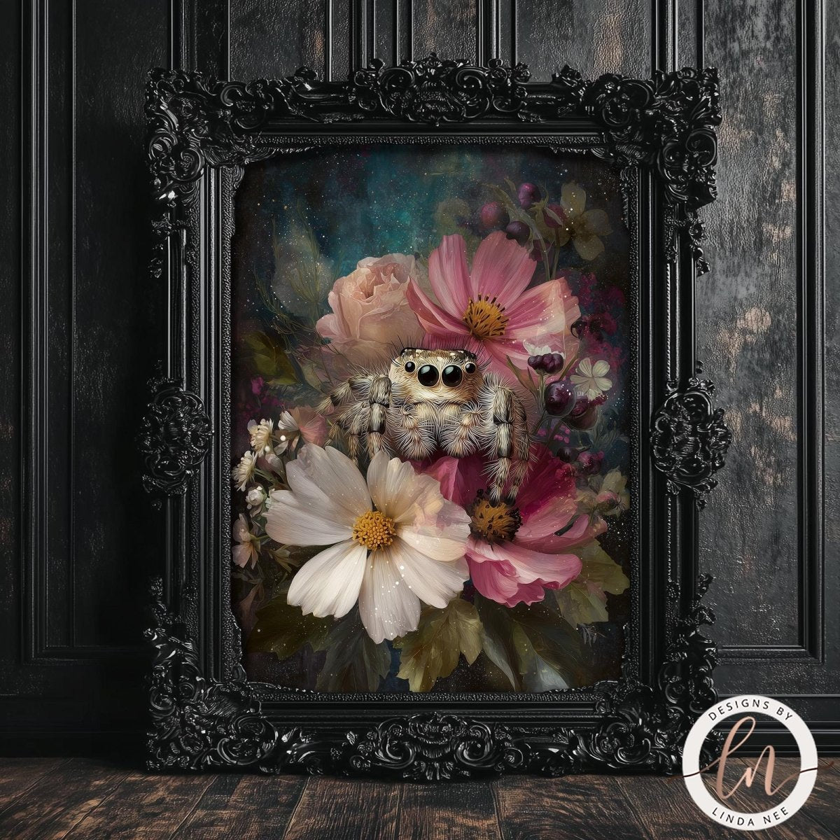 A framed painting depicting a spider sitting amidst a vibrant floral arrangement, with a dark, ornate frame surrounding the artwork.