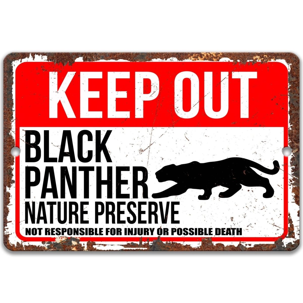 Keep out Black Panther territory sign, rustic weathered finish, bold prowling panther silhouette and warning text