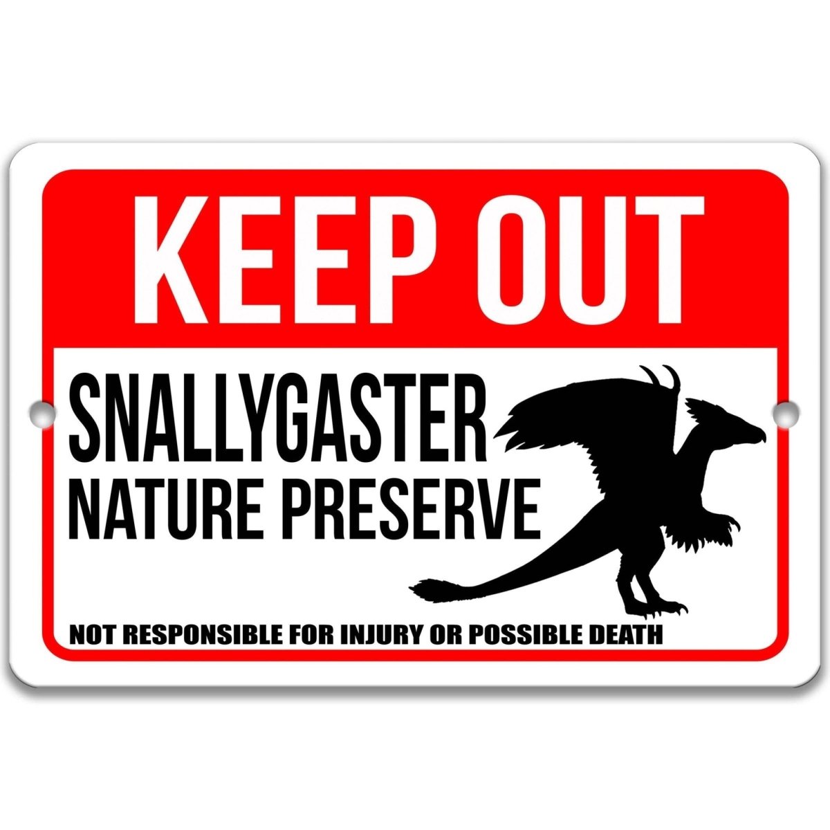 Keep out Snallygaster territory sign, clean glossy finish, bold winged cryptid silhouette and warning text