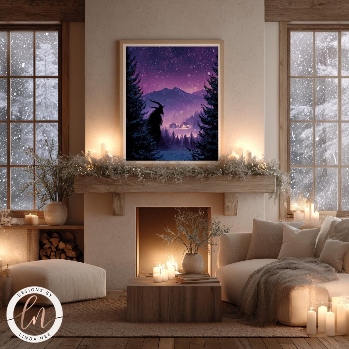 a cozy living room with a fireplace, a large framed picture of a mountain landscape, and a comfortable couch. The room is decorated with candles, greenery, and a wooden coffee table.