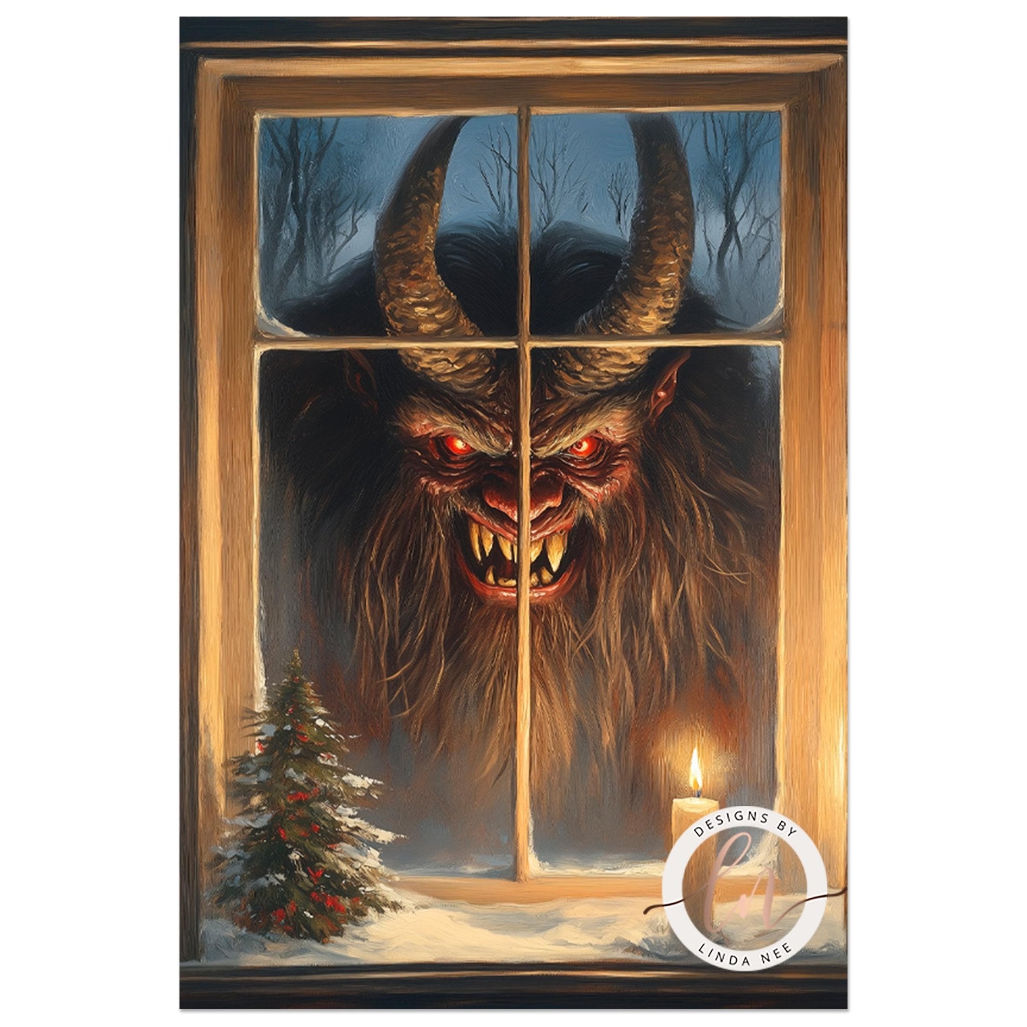 a large, menacing creature with horns and a red glowing mouth, peering through a window into a snowy landscape.