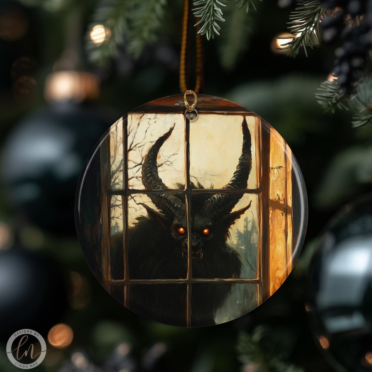 A round ornament with a dark, ominous image of a horned creature, possibly a monster or a demon, peering through a window.