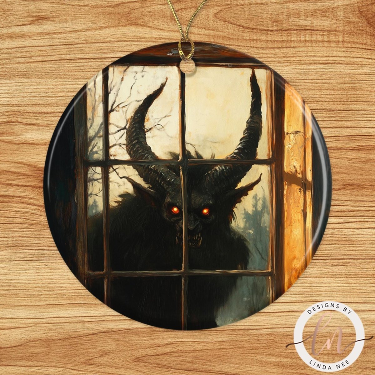 A dark, ominous horned creature with glowing red eyes is depicted through a window, creating an eerie and unsettling atmosphere.
