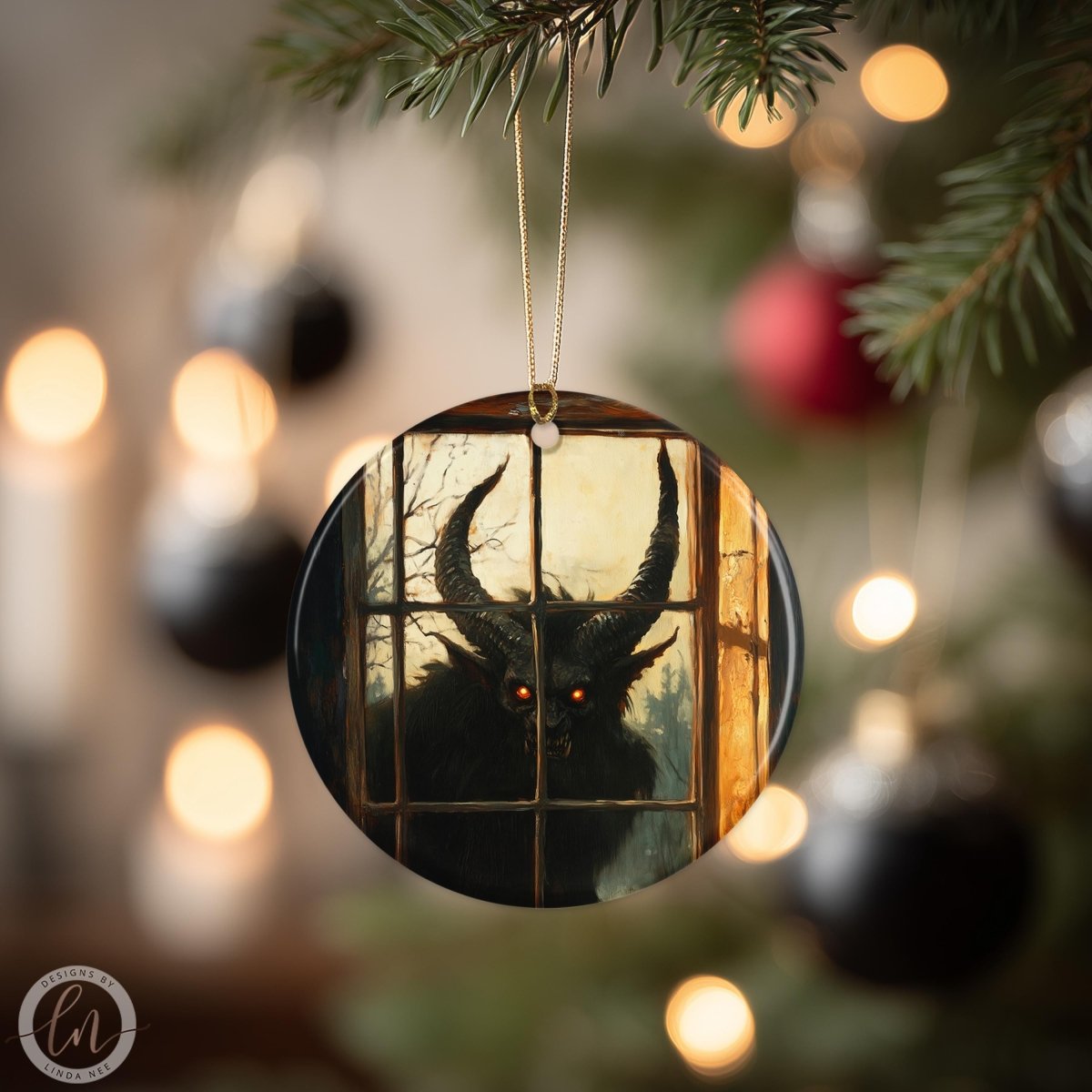 A circular ornament with a dark, ominous image of a horned creature, possibly a monster or a demon, displayed through a window.