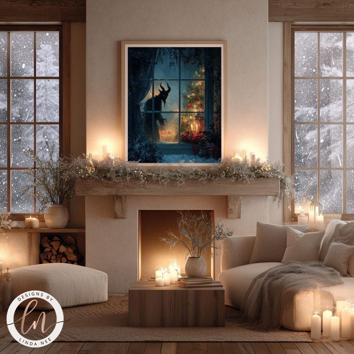a cozy and warm living room with a fireplace, a large window, and a painting of a snowy landscape with a unicorn. The room is decorated with candles, plants, and other festive elements, creating a serene and inviting atmosphere.