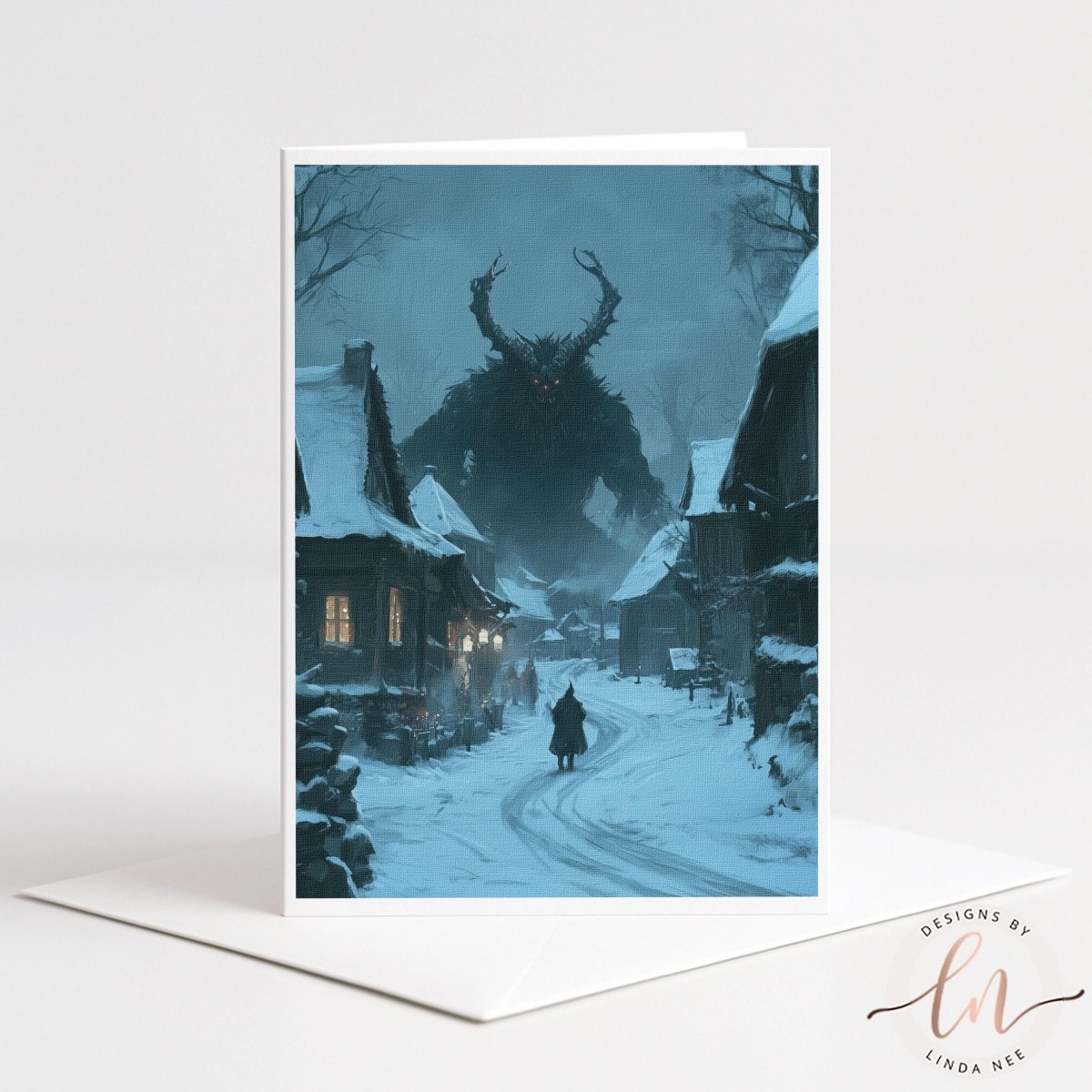a dark, ominous figure looming over a snowy village street, with a lone figure walking down the street in the foreground.